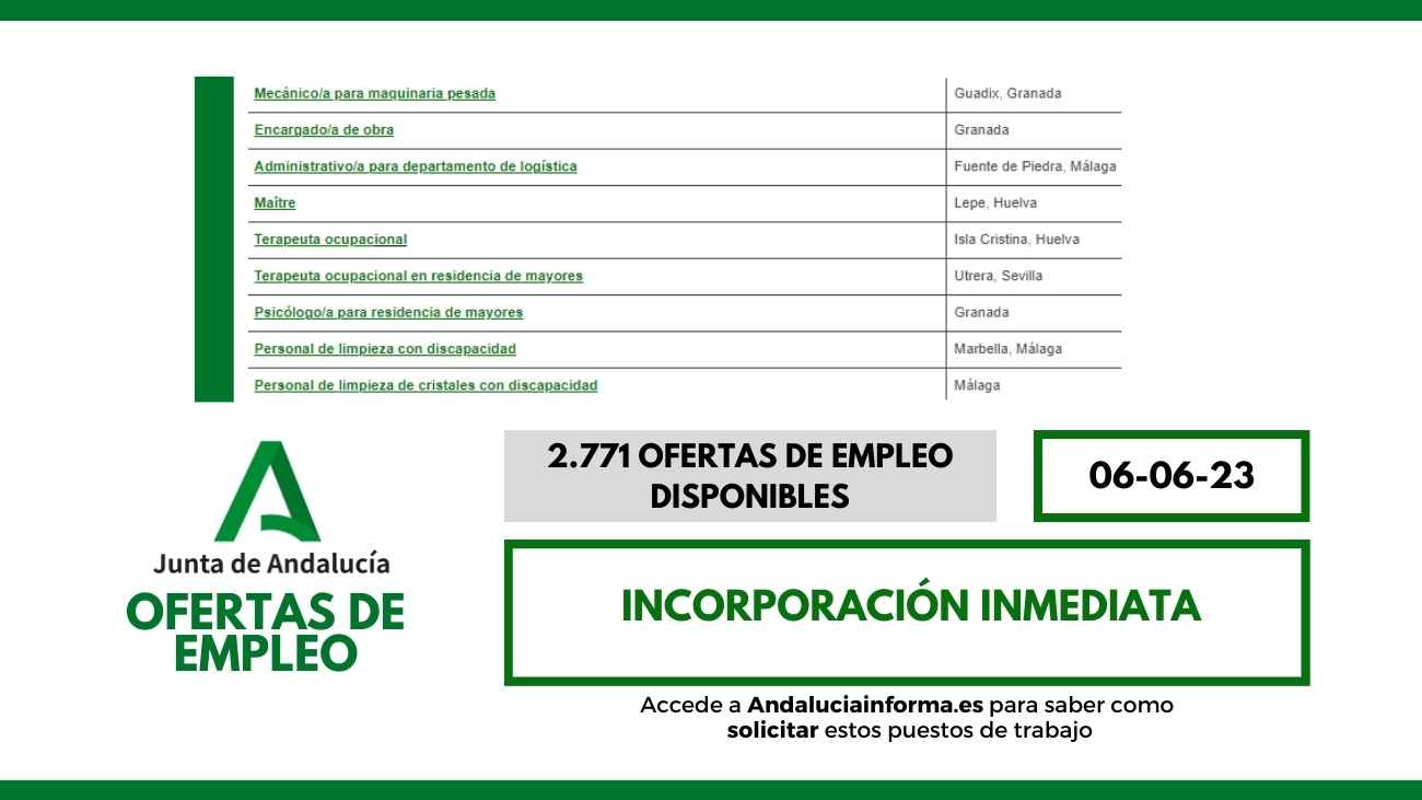 Servicio Andaluz de Empleo: Lista de vacantes a martes 6 de junio de 2023