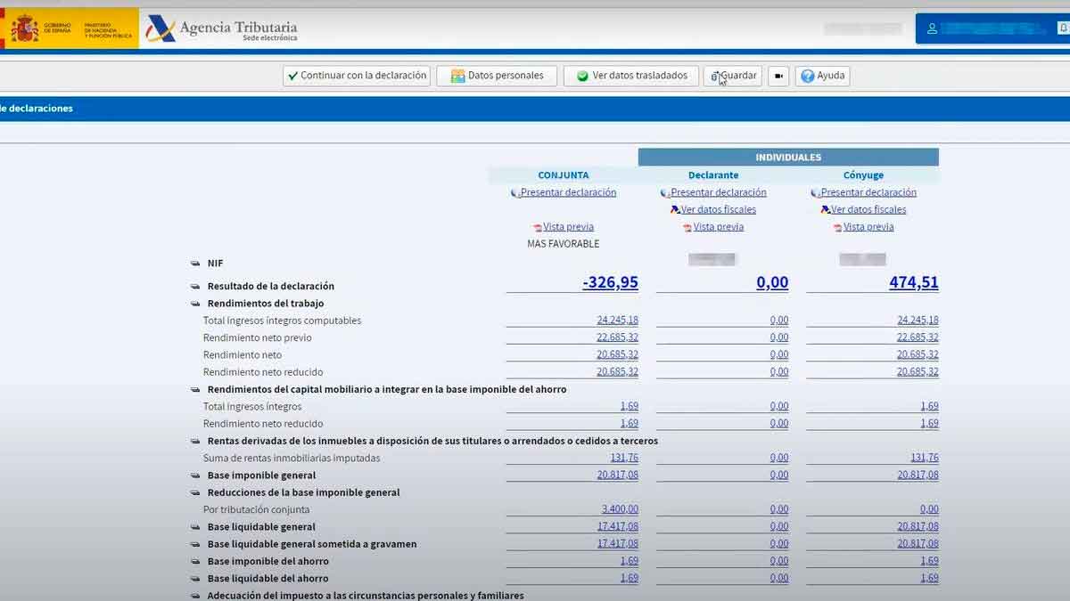 Captura de Renta WEB de la Agencia Tributaria que compara los resultados de la declaración de la Renta conjunta e individual, mostrando la opción más favorable