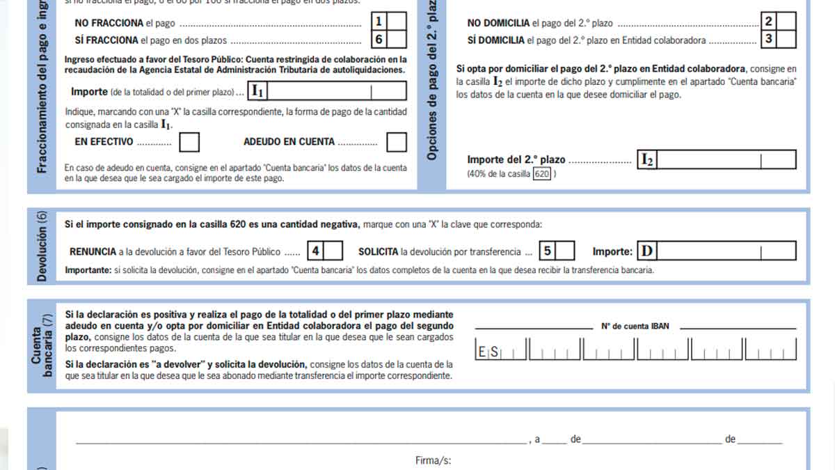 Formulario de la Agencia Tributaria para fraccionar la renta 2024/2025: casillas del 60 % inicial y 40 % en noviembre