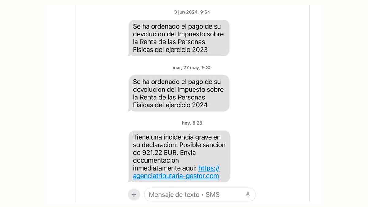 Ejemplo de SMS fraudulento que suplanta a la Agencia Tributaria durante la campaña de la Renta