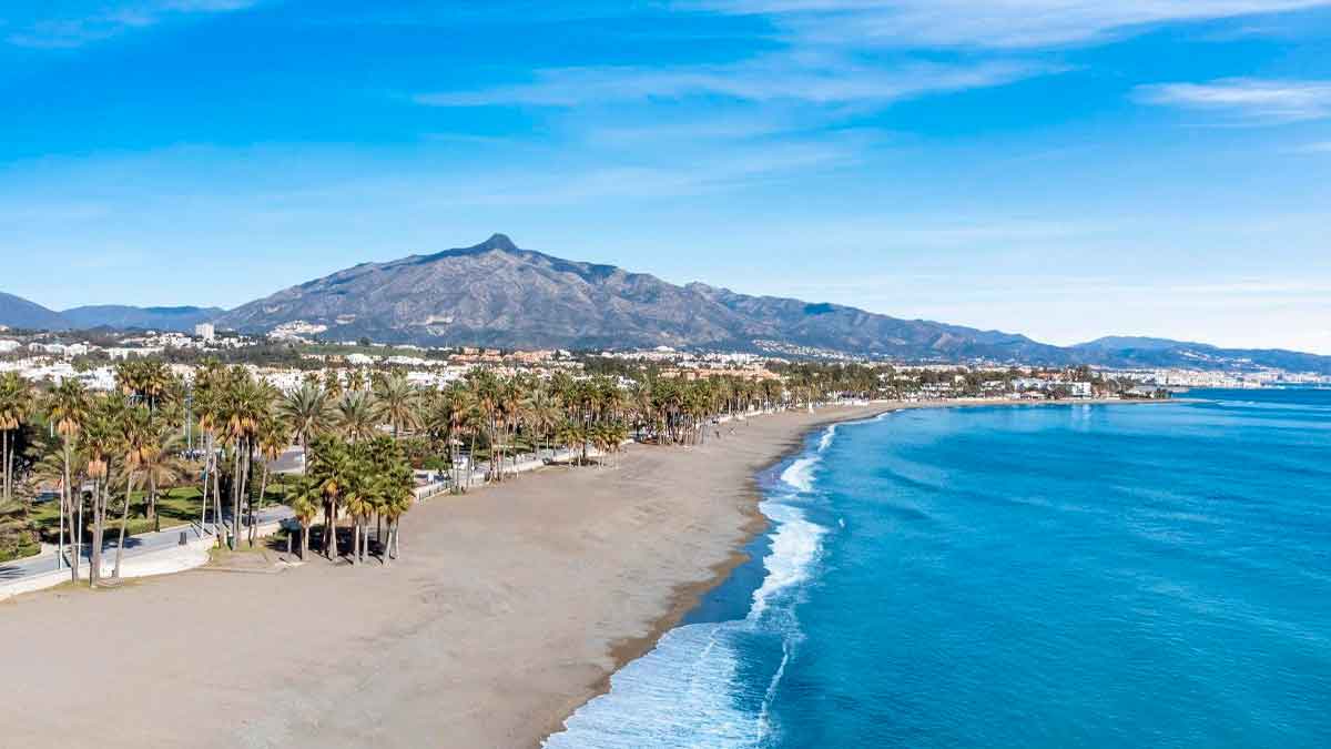 Vista panorámica de la playa de San Pedro de Alcántara en la Costa del Sol, con arena, palmeras y mar azul