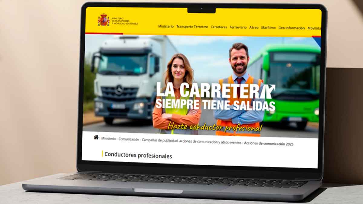 Dos conductores profesionales frente a un camión y un autobús en la campaña del Ministerio de Transportes sobre ayudas para permisos C y D
