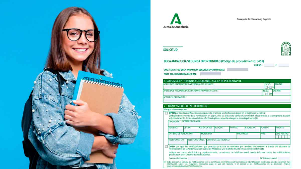 Estudiante con material escolar junto al formulario de solicitud de la Beca Andalucía Segunda Oportunidad