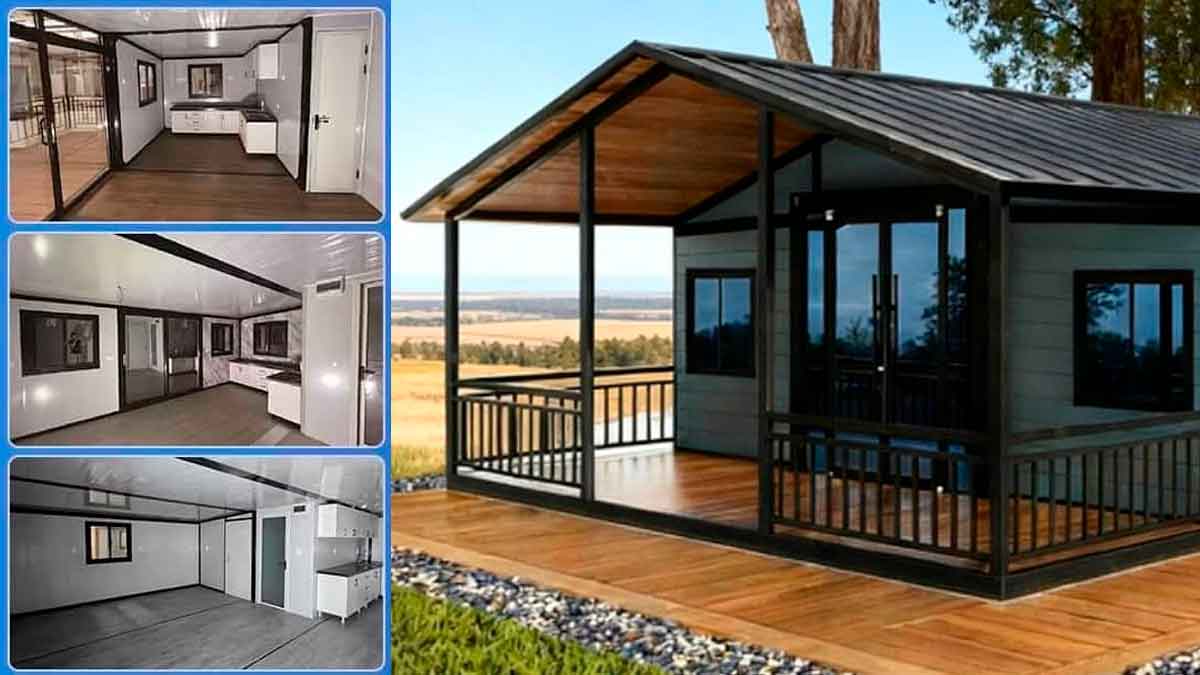 Casa prefabricada plegable vendida en Amazon con interior equipado y porche exterior