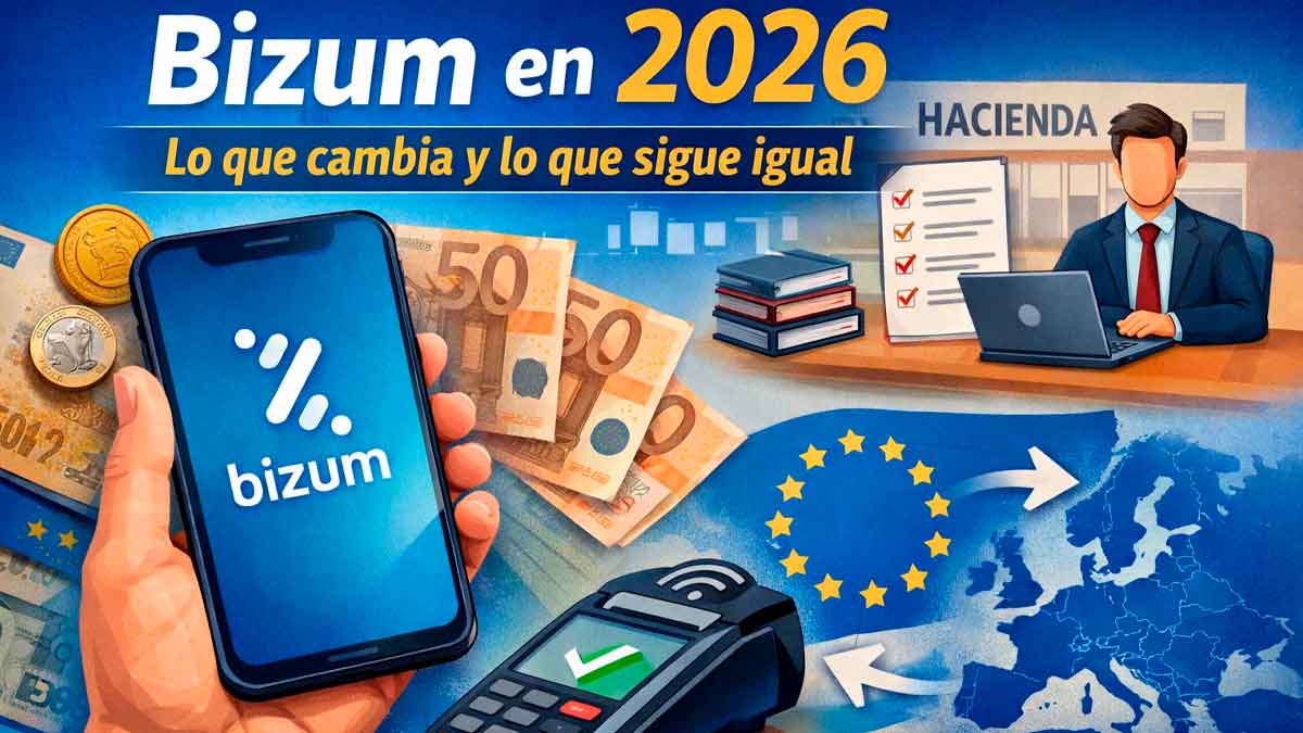 Ilustración sobre Bizum en 2026 con móvil, euros, control fiscal de Hacienda y pagos digitales en Europa