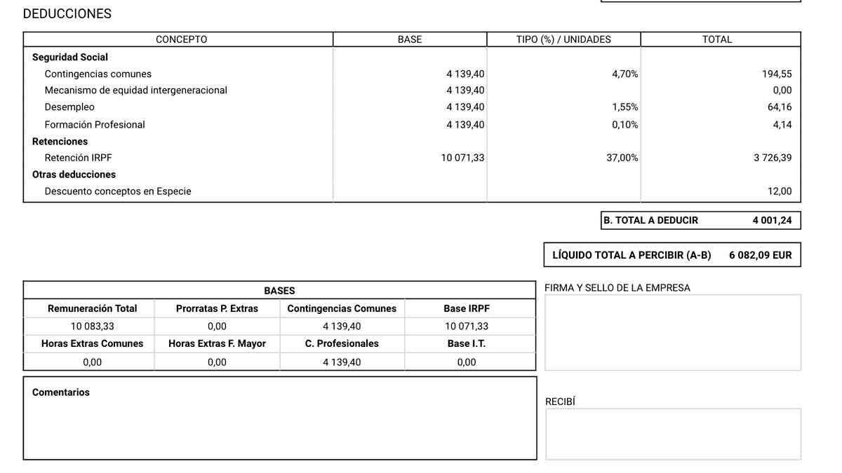 Detalle de una nómina con bases de cotización, deducciones y retenciones aplicadas por la Seguridad Social