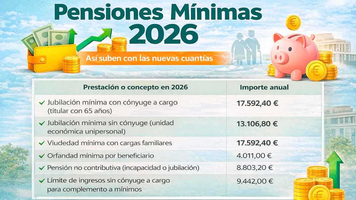 Tabla con las pensiones mínimas de 2026 y sus importes anuales, incluyendo jubilación, viudedad, orfandad y pensión no contributiva