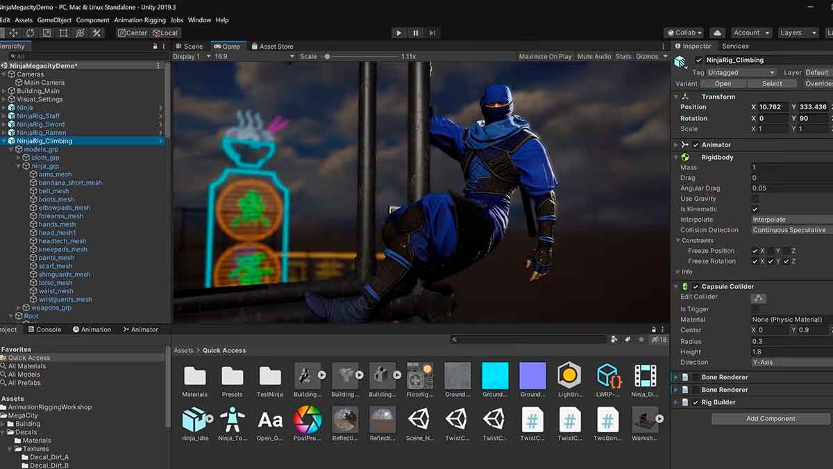 Editor de Unity mostrando el desarrollo de un videojuego en 3D dentro de un curso de programación orientado al empleo