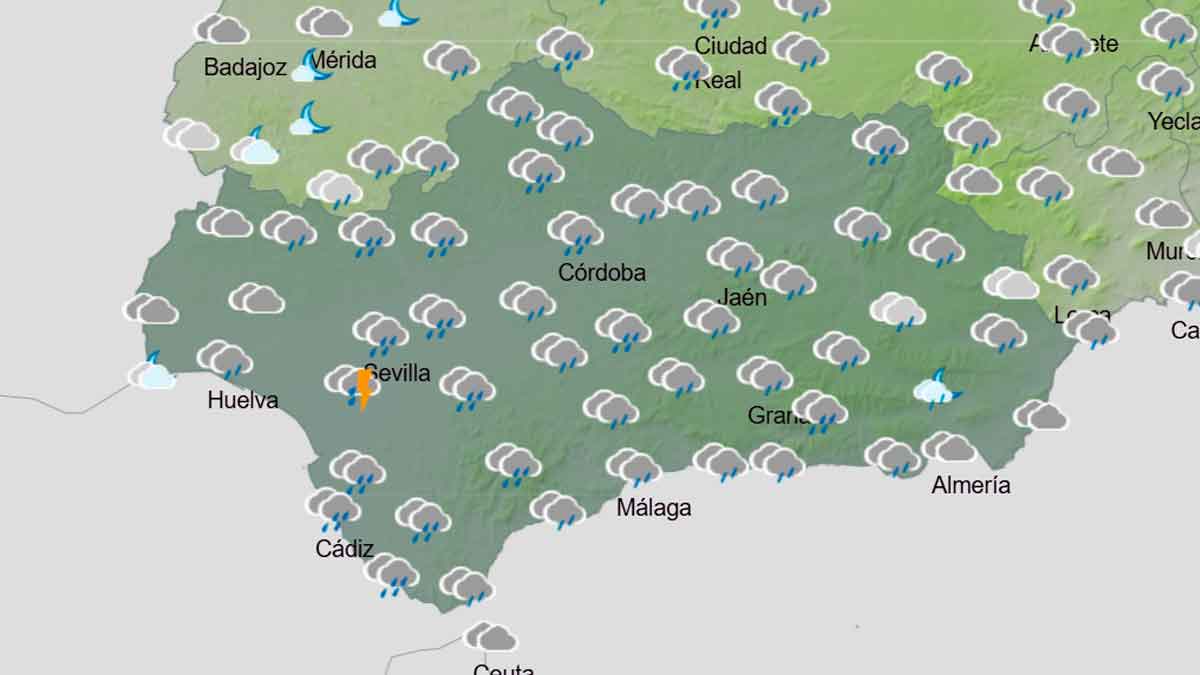 Mapa de AEMET con lluvias generalizadas en Andalucía por la borrasca Ingrid
