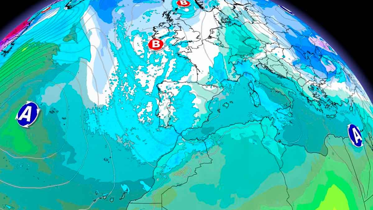 Mapa meteorológico con la llegada de aire ártico a España y Andalucía según la previsión de AEMET