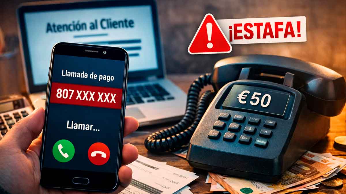 Imagen de una estafa telefónica con número 807 en un móvil y un coste de 50 euros por llamada