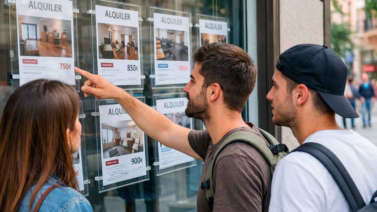 Jóvenes consultan anuncios de pisos en alquiler con precios en una inmobiliaria