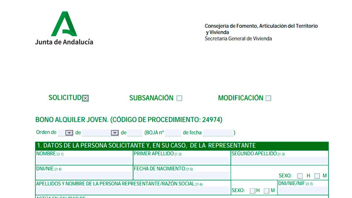 Formulario oficial de solicitud del Bono Alquiler Joven de la Junta de Andalucía