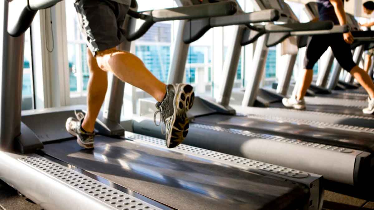 Personas entrenando en cintas de correr en un gimnasio antes de contratar sus servicios