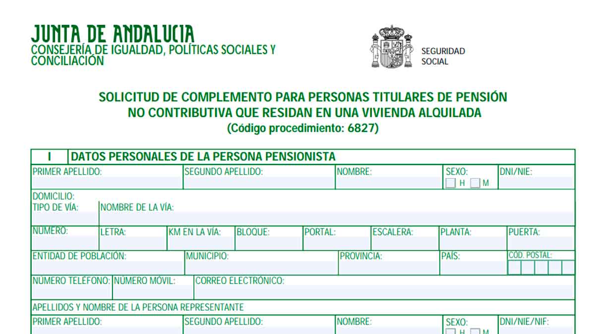 Formulario de solicitud del complemento de 525 euros para pensionistas no contributivos que viven de alquiler en Andalucía