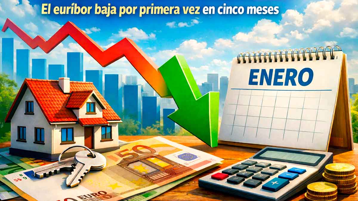 Bajada del euríbor en enero con una casa, un billete de 50 euros, un calendario y una flecha descendente