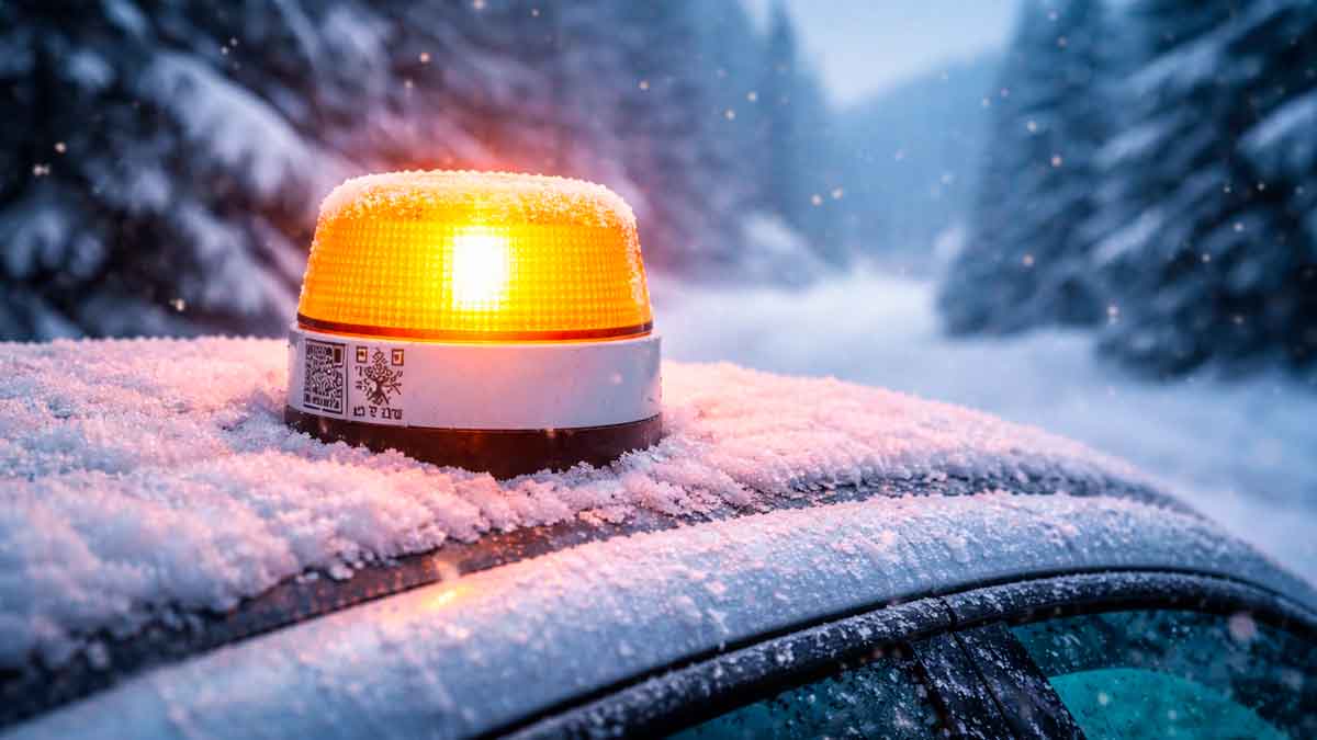 Baliza V16 encendida sobre el techo de un coche cubierto de nieve en una carretera con frío extremo
