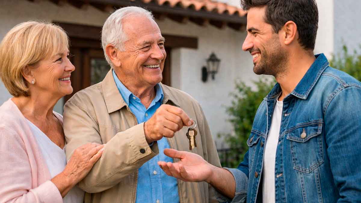 Padres mayores entregan las llaves de su vivienda habitual a su hijo al donar la casa y evitar tributar en el IRPFPadres mayores entregan las llaves de su vivienda habitual a su hijo al donar la casa y evitar tributar en el IRPF