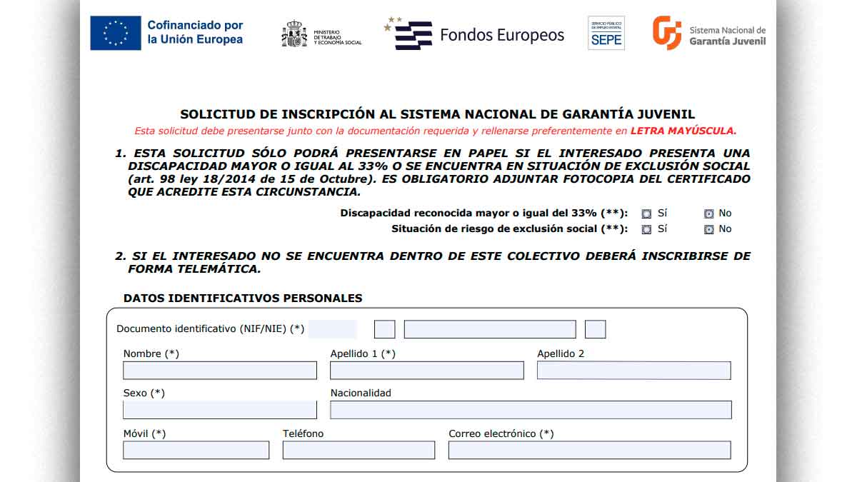 Formulario oficial de inscripción al Sistema Nacional de Garantía Juvenil en España