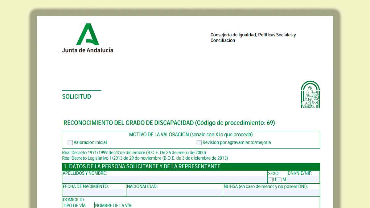 Formulario oficial de la Junta de Andalucía para solicitar el reconocimiento del grado de discapacidad
