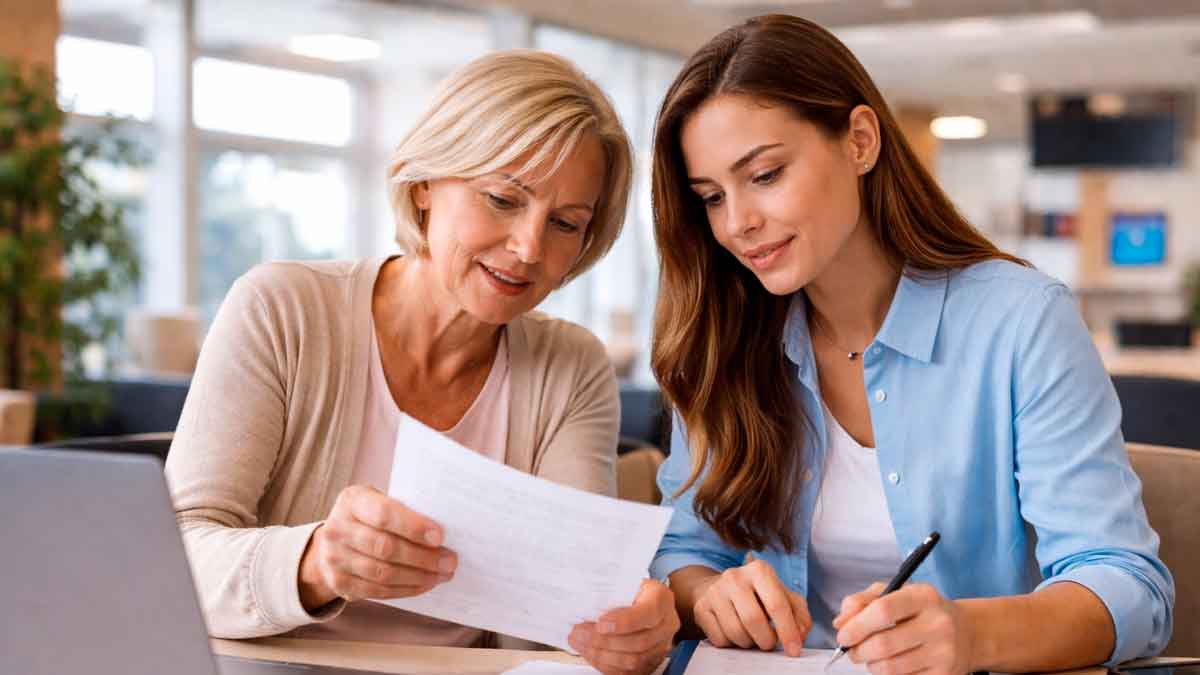 Madre e hija revisan documentación de una cuenta bancaria compartida en una oficina