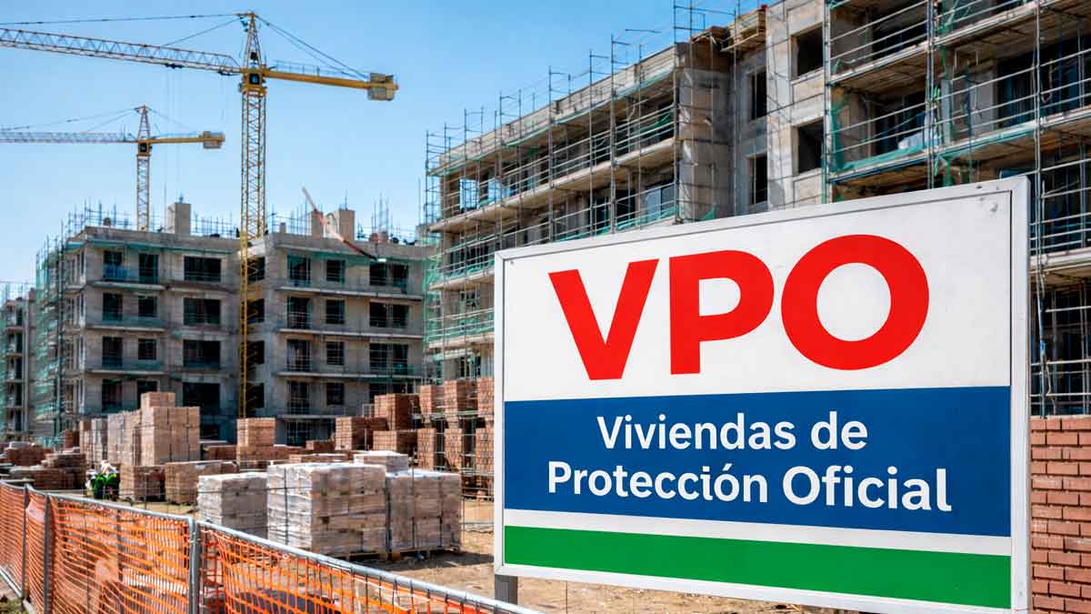 Construcción de viviendas VPO en alquiler asequible con cartel de Viviendas de Protección Oficial en Andalucía