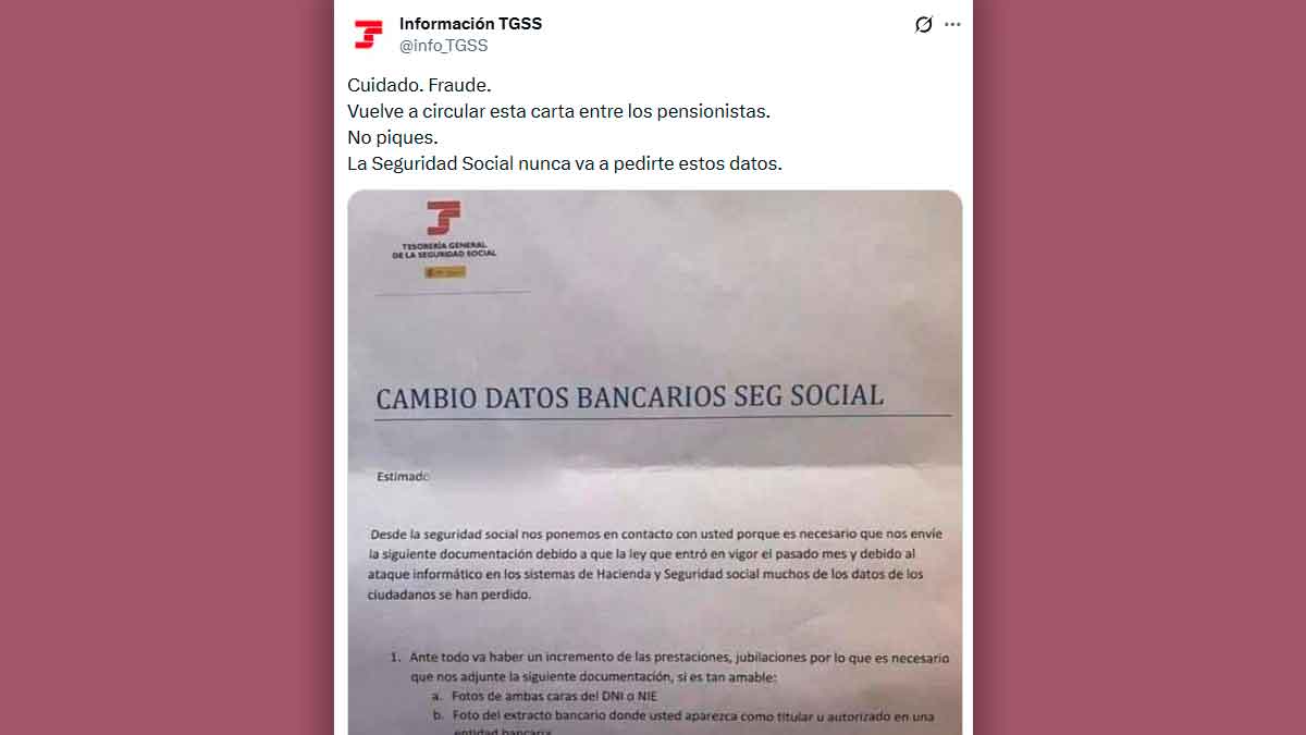 Carta fraudulenta que suplanta a la Seguridad Social y promete una subida de la pensión para pedir datos bancarios a pensionistas
