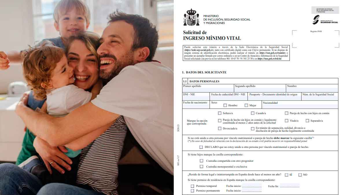 Familia con hijos junto al formulario del Ingreso Mínimo Vital de la Seguridad Social en 2026