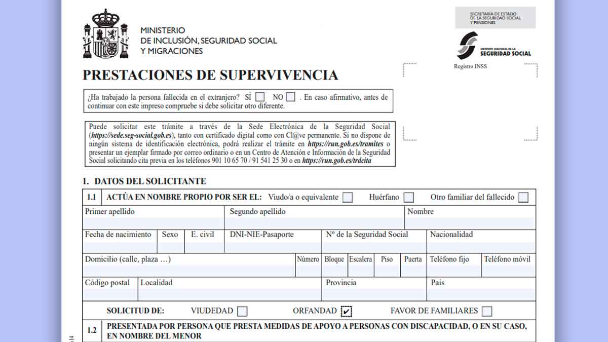 Formulario oficial de la Seguridad Social para solicitar la pensión de orfandad por prestaciones de supervivencia