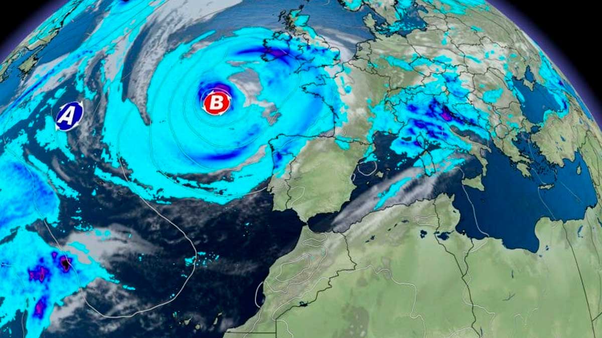 Mapa meteorológico con nueva borrasca atlántica acercándose a España según previsión de AEMET
