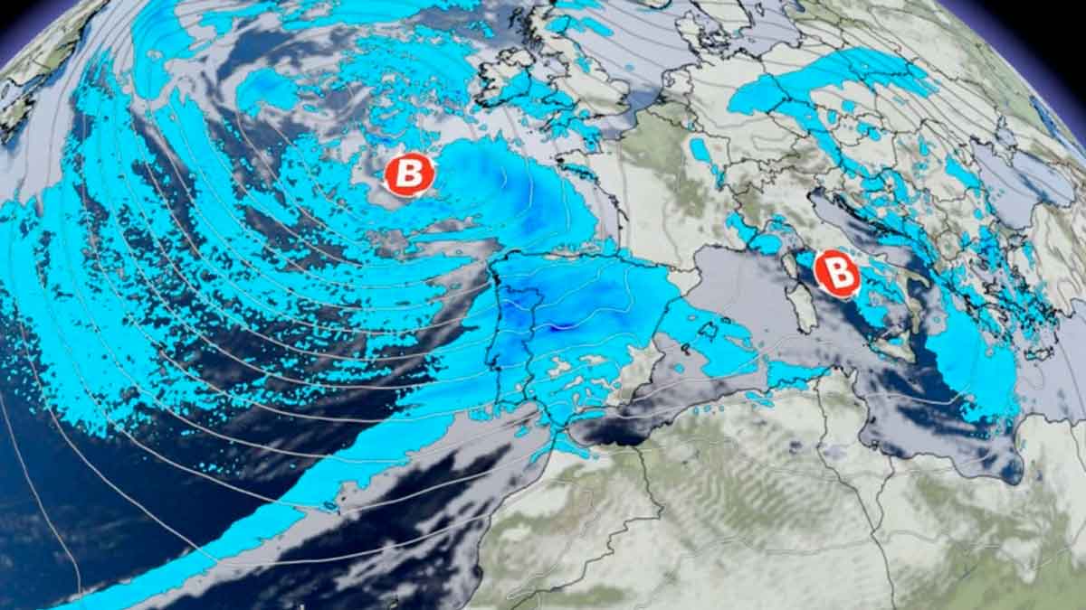 Mapa meteorológico de la borrasca Leonardo afectando a Andalucía con lluvias intensas y avisos activos de la AEMET