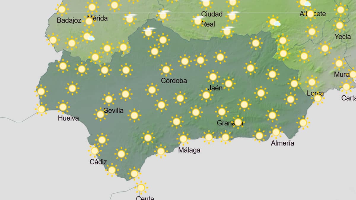 Mapa meteorológico de Andalucía con tiempo soleado y temperaturas cercanas a 30 grados