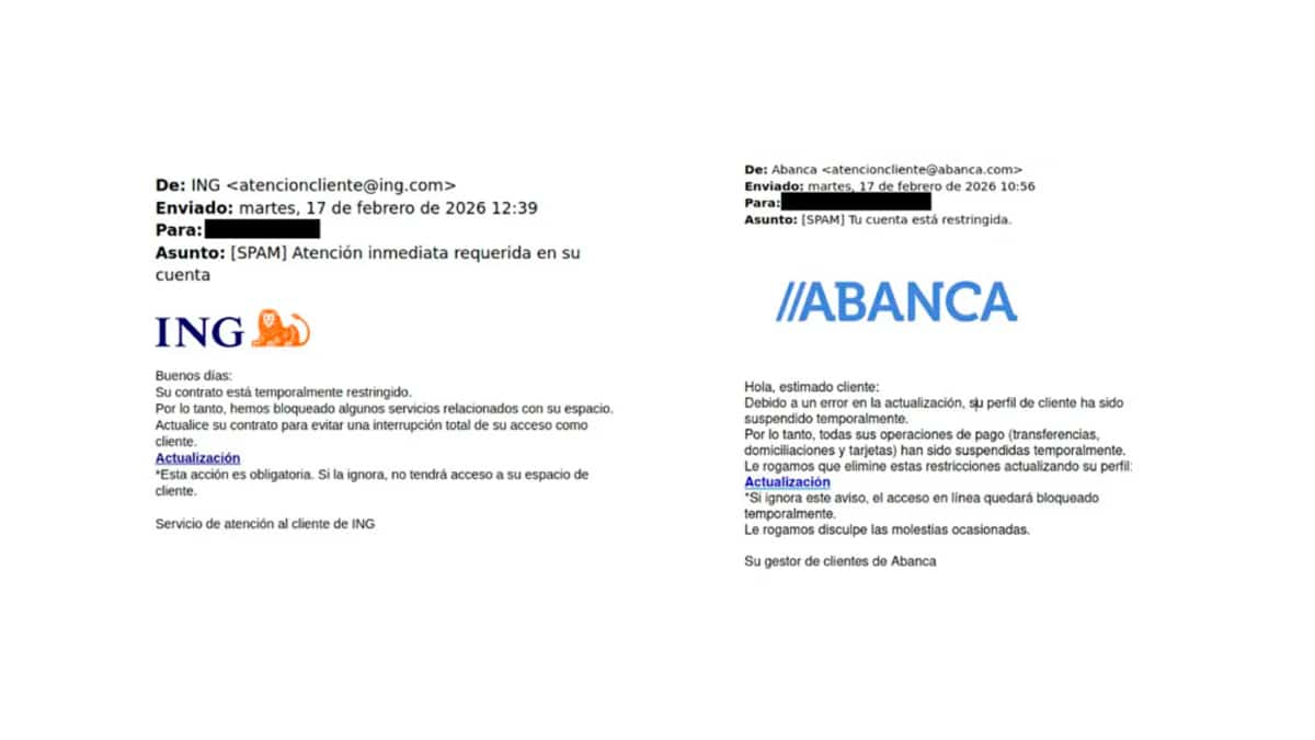 Correo fraudulento que suplanta a ING y Abanca solicitando actualización de cuenta por phishing