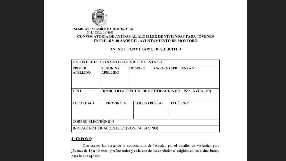 Formulario de solicitud de ayudas al alquiler para jóvenes de 18 a 40 años del Ayuntamiento de Montoro