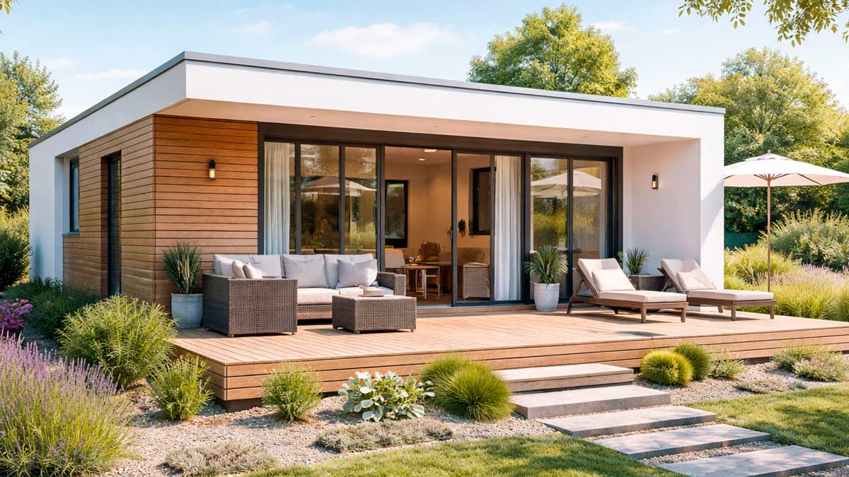 Casa modular prefabricada de una planta con terraza de madera y diseño moderno