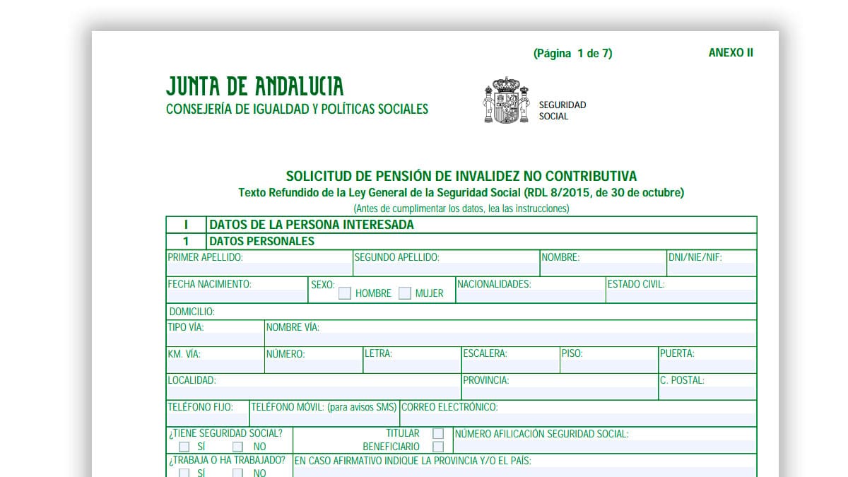 Formulario oficial de solicitud de pensión no contributiva de invalidez en Andalucía 2026