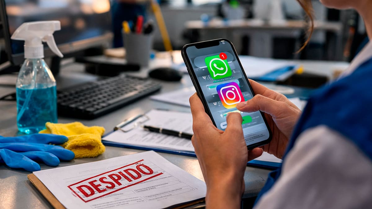 Limpiadora utilizando el móvil durante su jornada laboral junto a un documento de despido