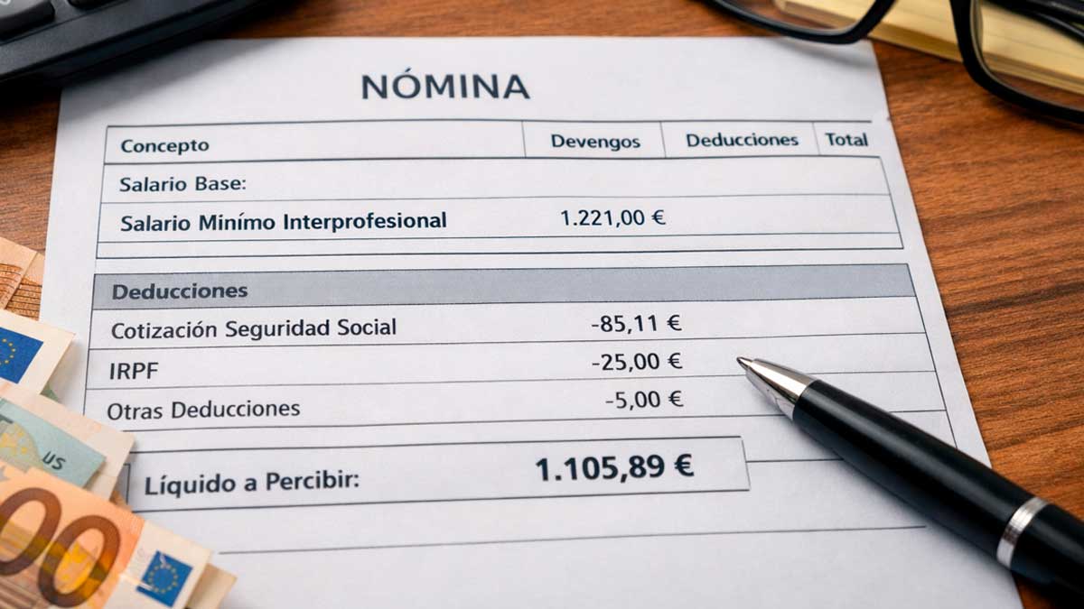 Nómina en España con el nuevo SMI de 1.221 euros y detalle de cotizaciones e IRPF tras la subida salarial