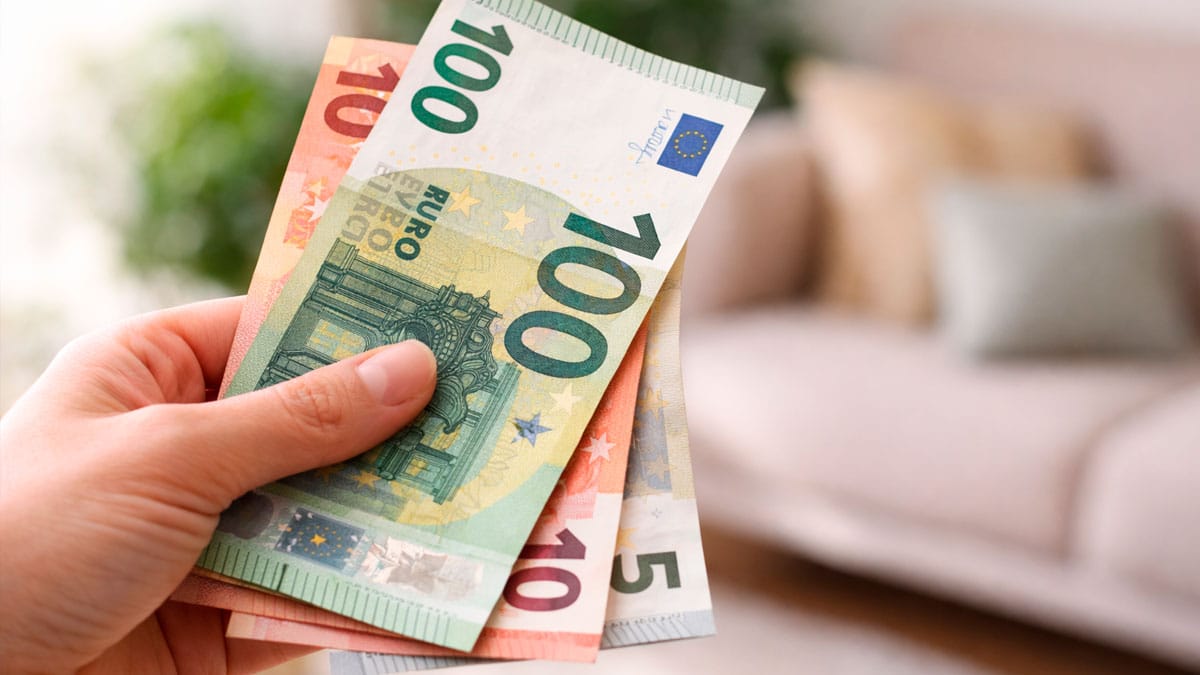 Mano sosteniendo 115 euros en billetes ayuda Seguridad Social
