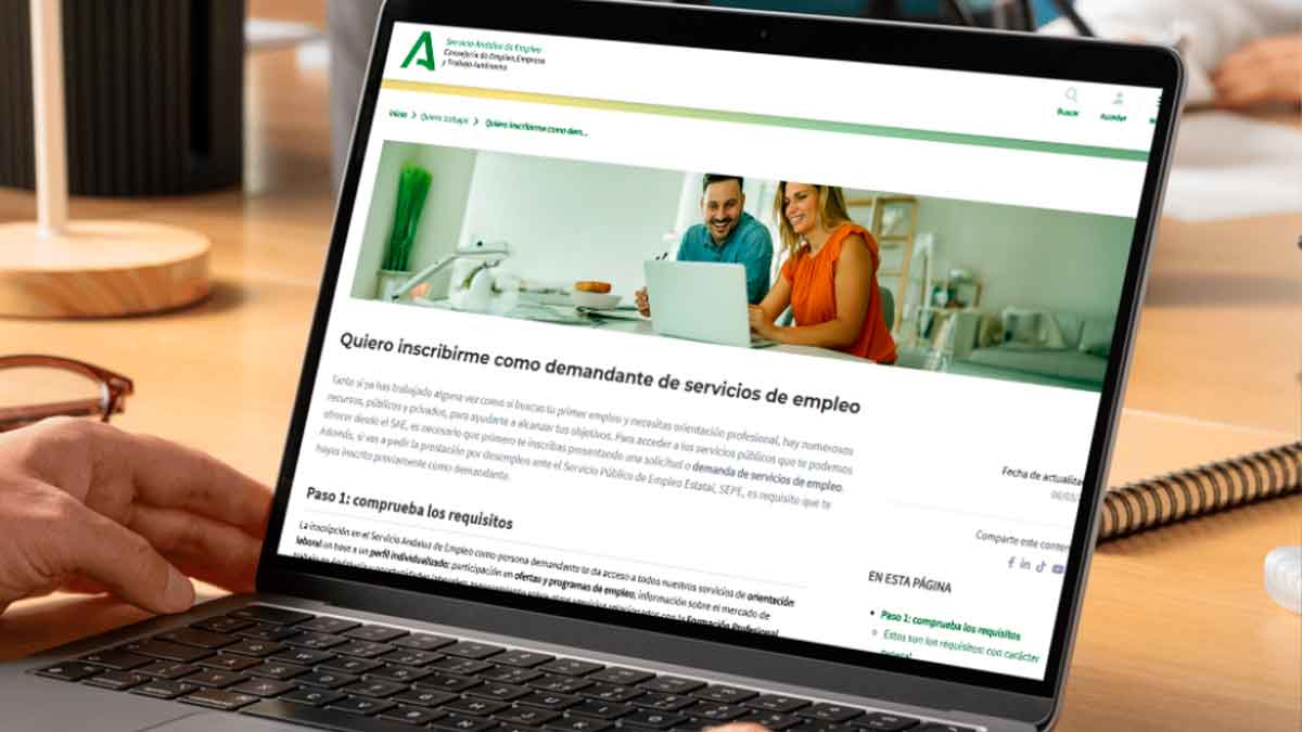 Pantalla del Servicio Andaluz de Empleo con el formulario para inscribirse como demandante de servicios de empleo