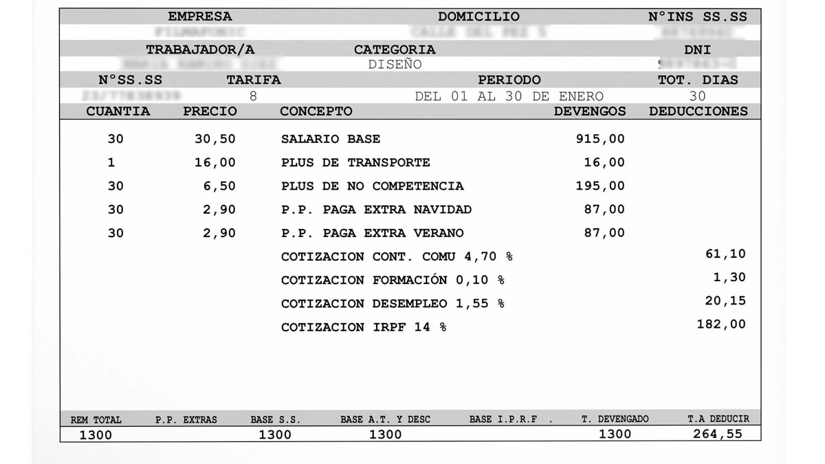 Nómina de trabajador con salario base y deducciones tras la subida del SMI en 2026