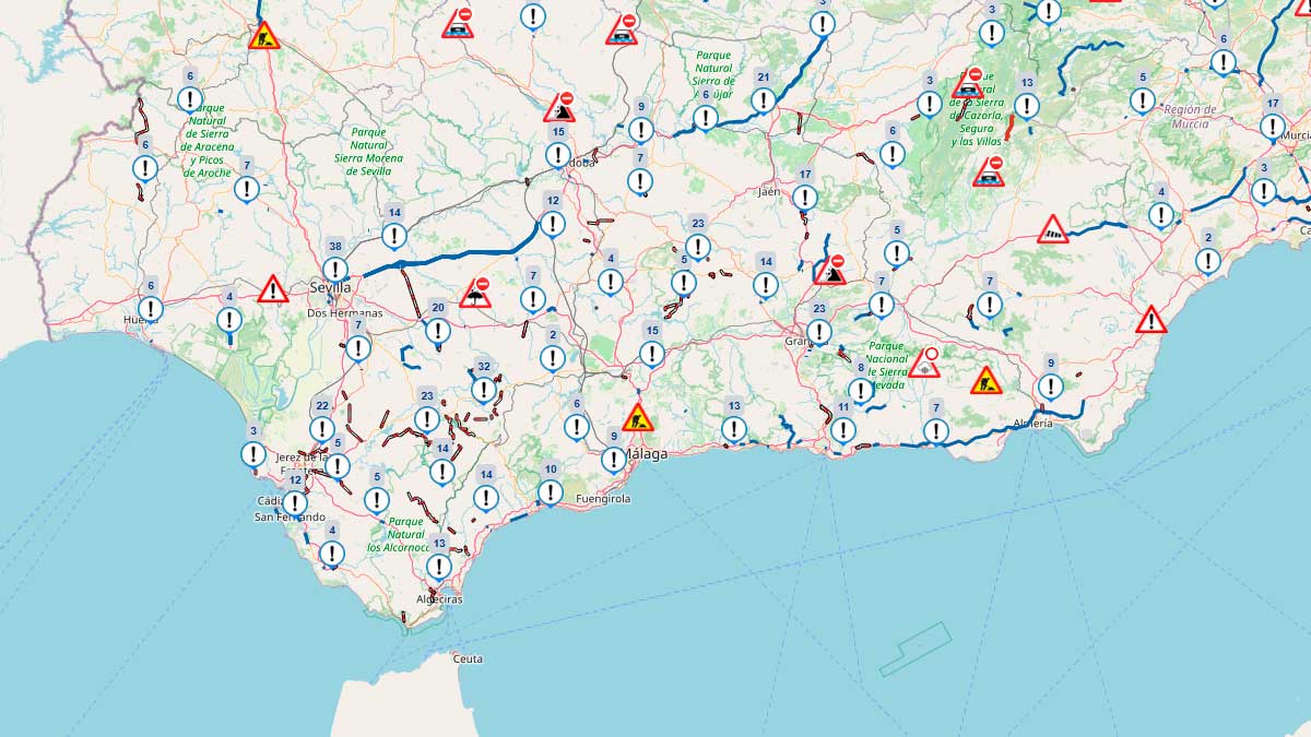 Mapa de la DGT con carreteras cortadas e incidencias por lluvia y nieve en Andalucía