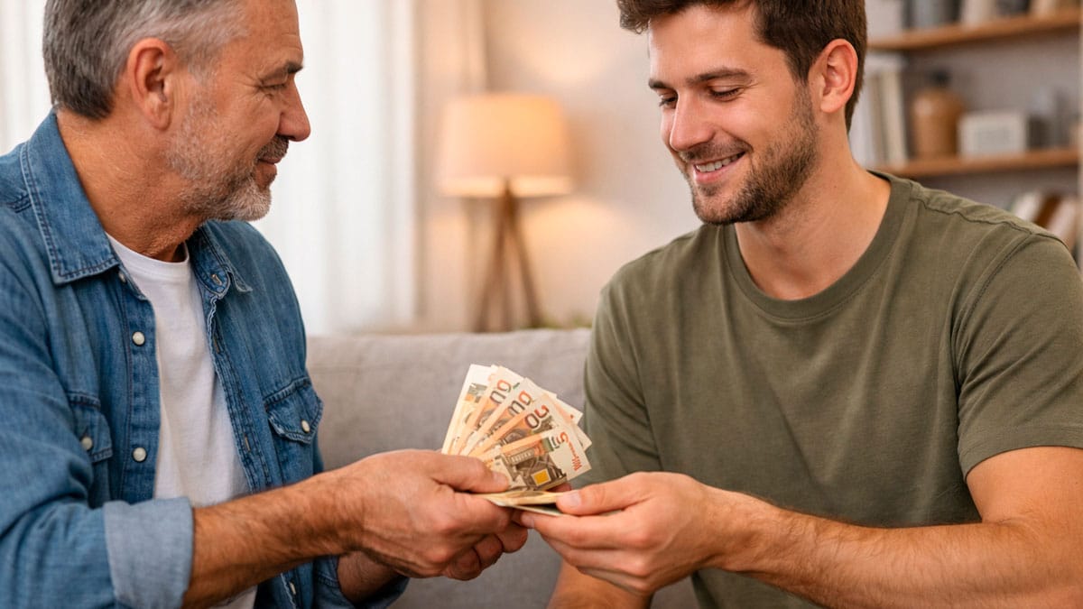 Padre entrega dinero a su hijo adulto para comprar vivienda