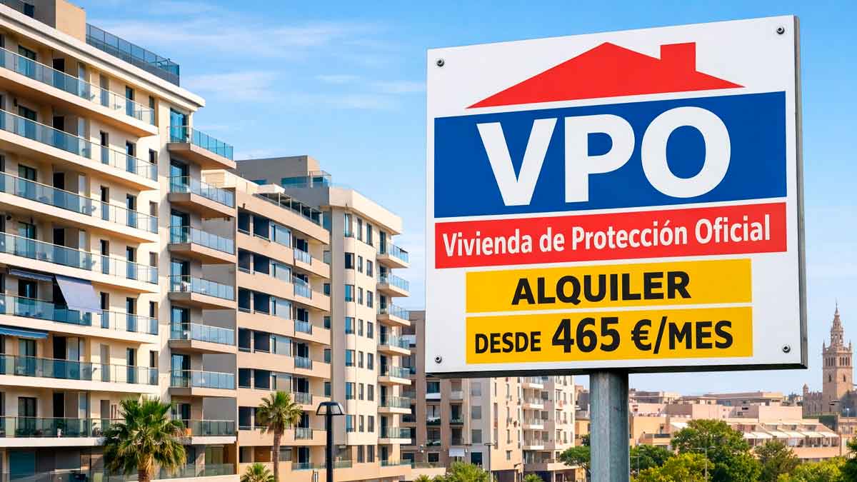 Pisos de VPO en alquiler en Sevilla con cartel informativo de Emvisesa desde 465 euros al mes