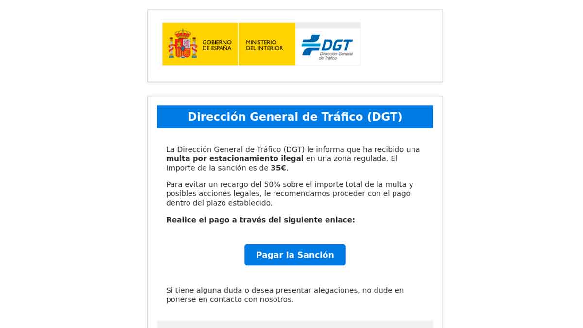 Correo electrónico fraudulento que suplanta a la DGT y reclama el pago de una multa inexistente