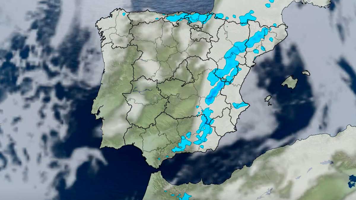 Mapa meteorológico de España con precipitaciones previstas y giro brusco del tiempo por una DANA
