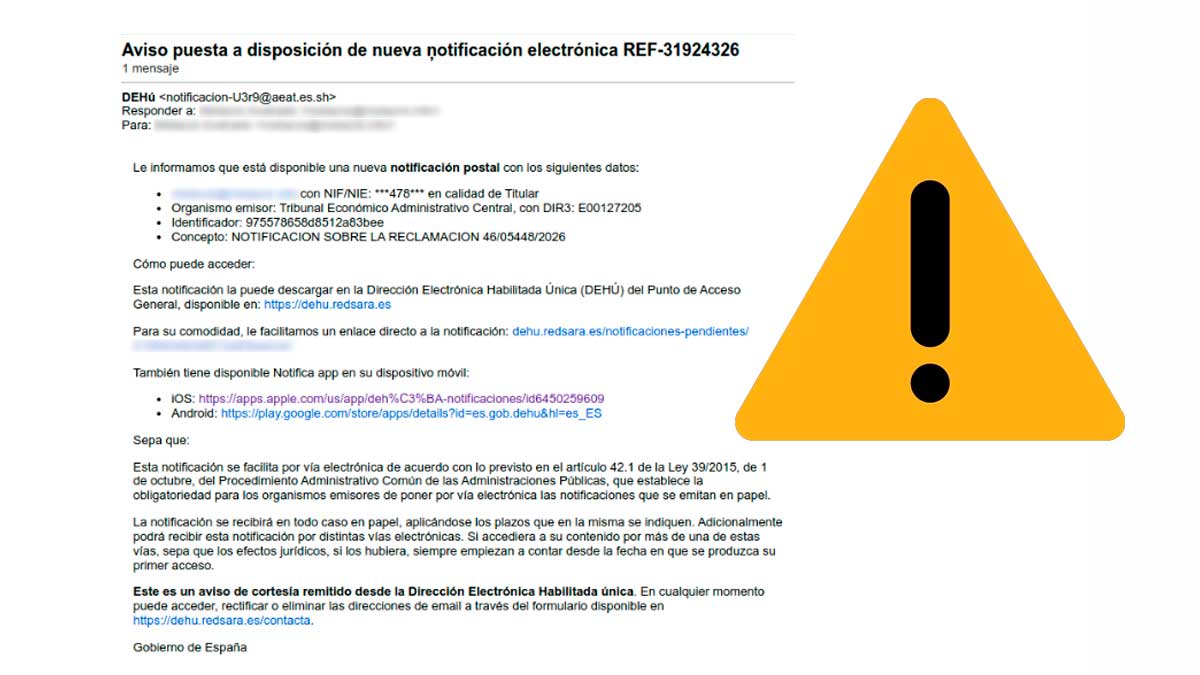 Correo fraudulento que suplanta a la Agencia Tributaria con aviso de notificación electrónica falsa