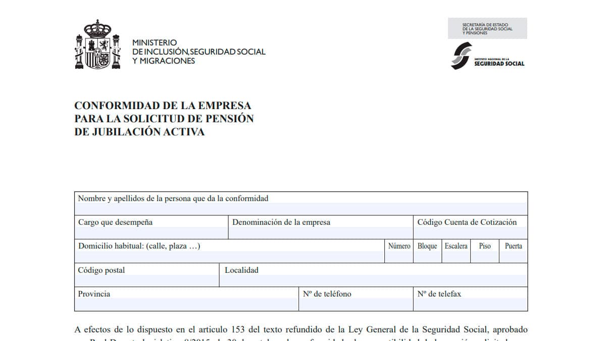 Formulario oficial de la Seguridad Social para la conformidad de la empresa en la solicitud de jubilación activa