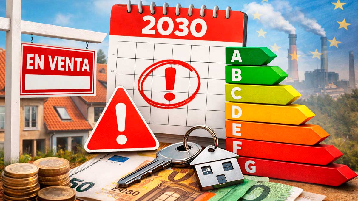 Calendario 2030 junto a etiqueta de eficiencia energética y cartel de vivienda en venta por nueva exigencia de la UE