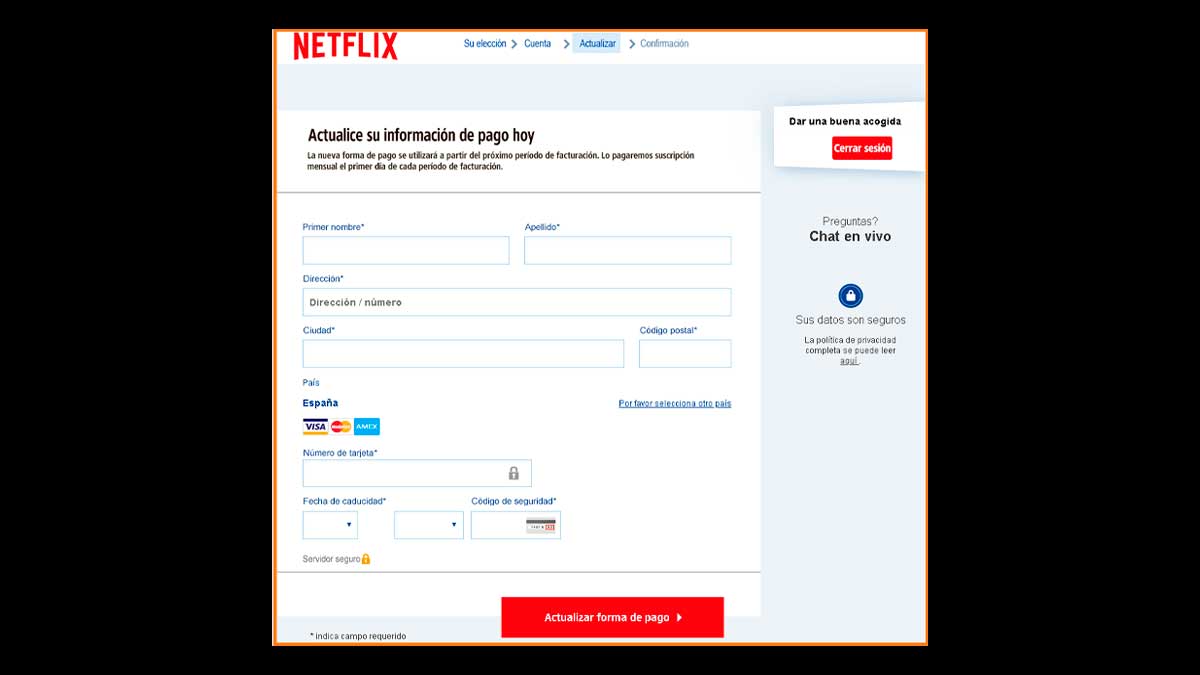 Pantalla falsa de Netflix solicitando actualizar datos bancarios en campaña de phishing